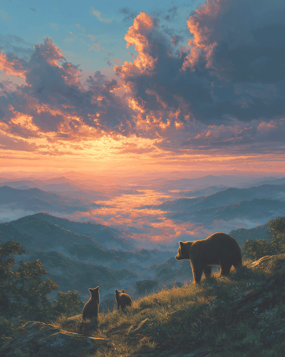 Bears watching sunrise over misty mountains cross stitch kit for beginners