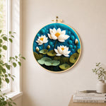 Beautiful lotus pond needle felt wall art displayed in a bright home interior
