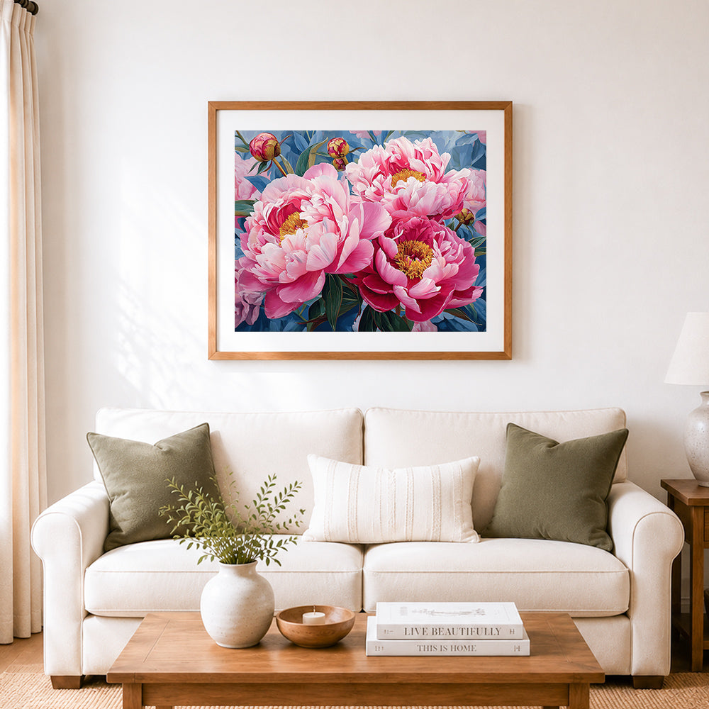 Finished beautiful pink peonies in bloom cross stitch artwork displayed as home decor