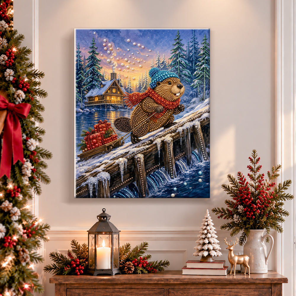 Finished beaver pulling christmas sled pearl diamond painting artwork displayed as holiday home decor