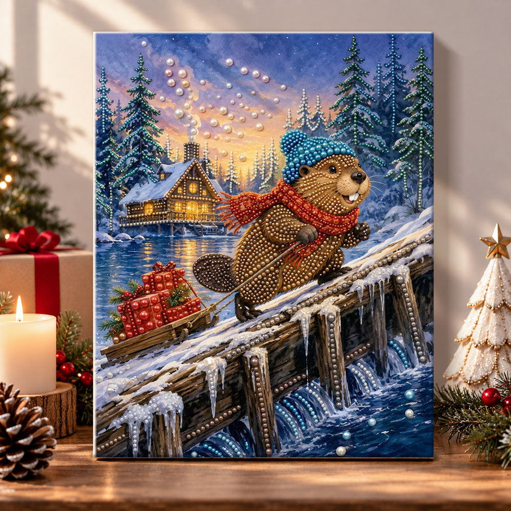 Beaver pulling christmas sled pearl diamond painting kit for beginners