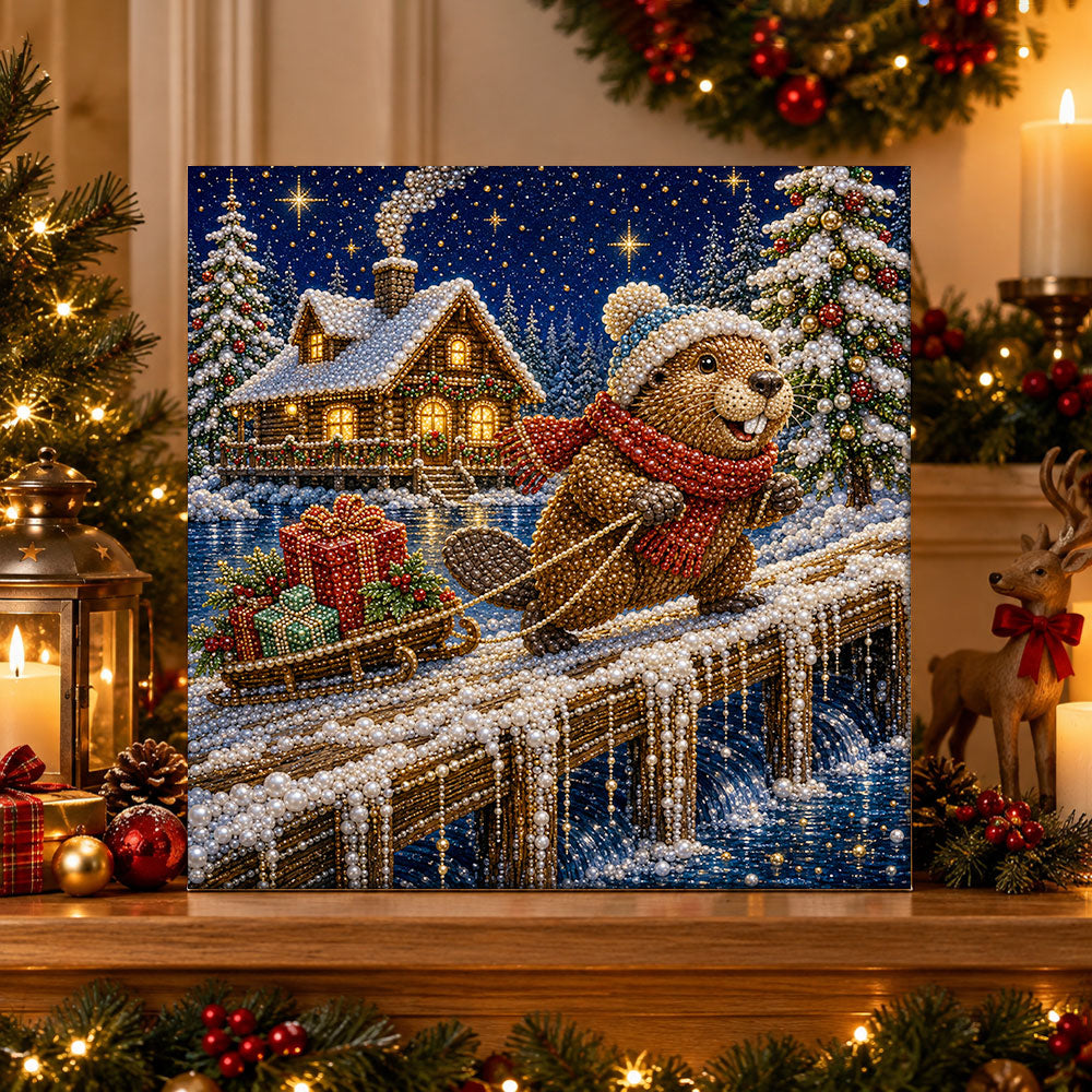 Finished beaver pulling gift sled pearl diamond painting artwork displayed as holiday home decor