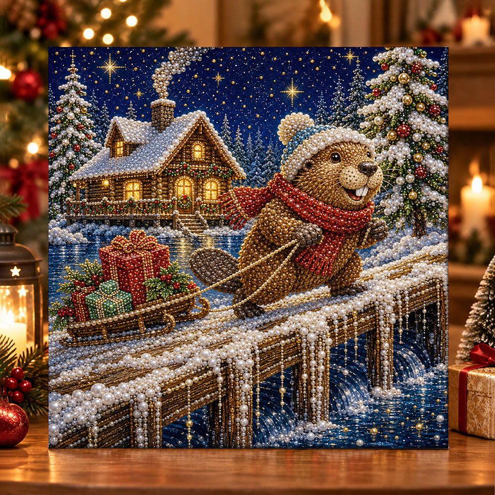 Beaver pulling gift sled pearl diamond painting kit for beginners
