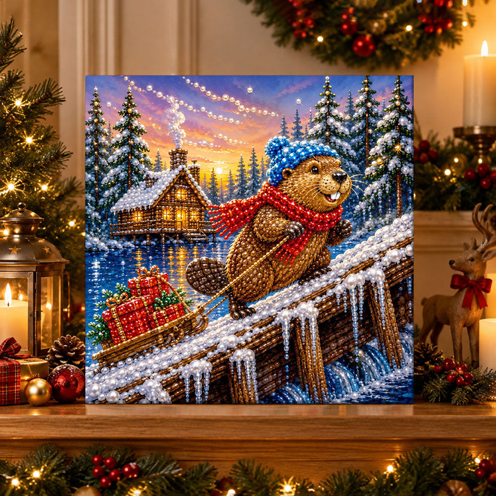Finished beaver sledding with gifts pearl diamond painting artwork displayed as holiday home decor