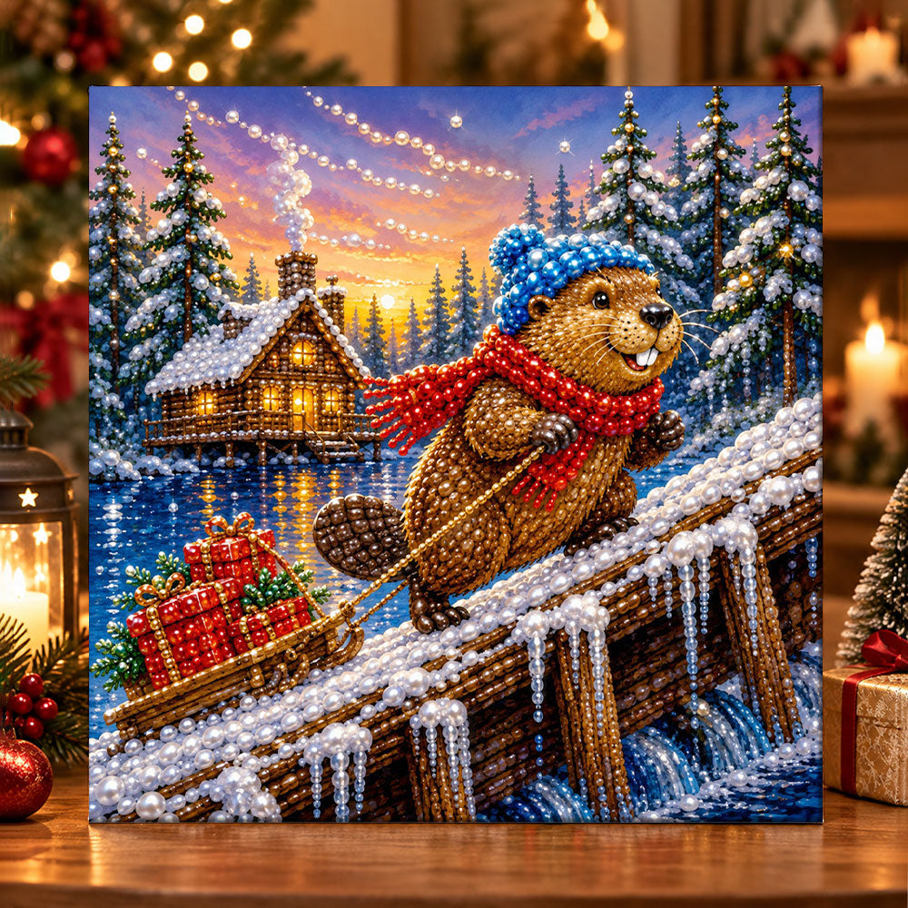 Beaver sledding with gifts pearl diamond painting kit for beginners
