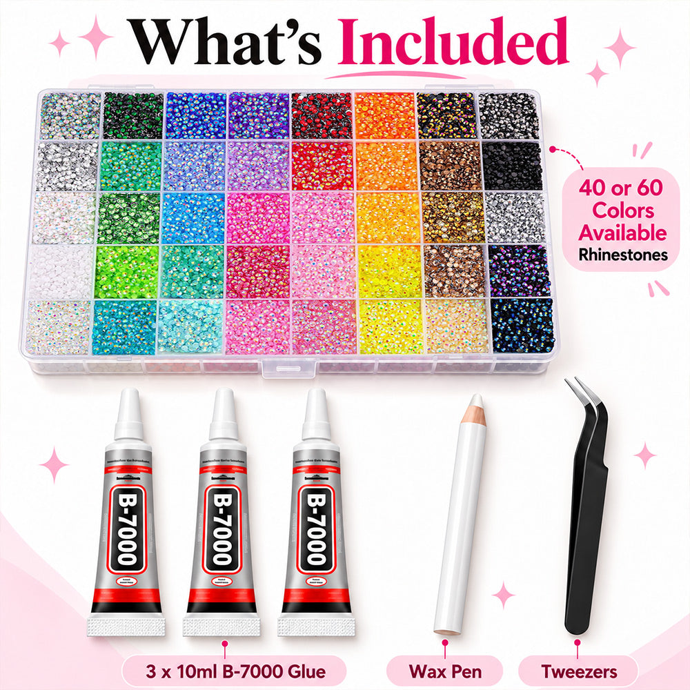 Bedazzling Kit with rhinestones, 3 glue tubes, wax pen and tweezers