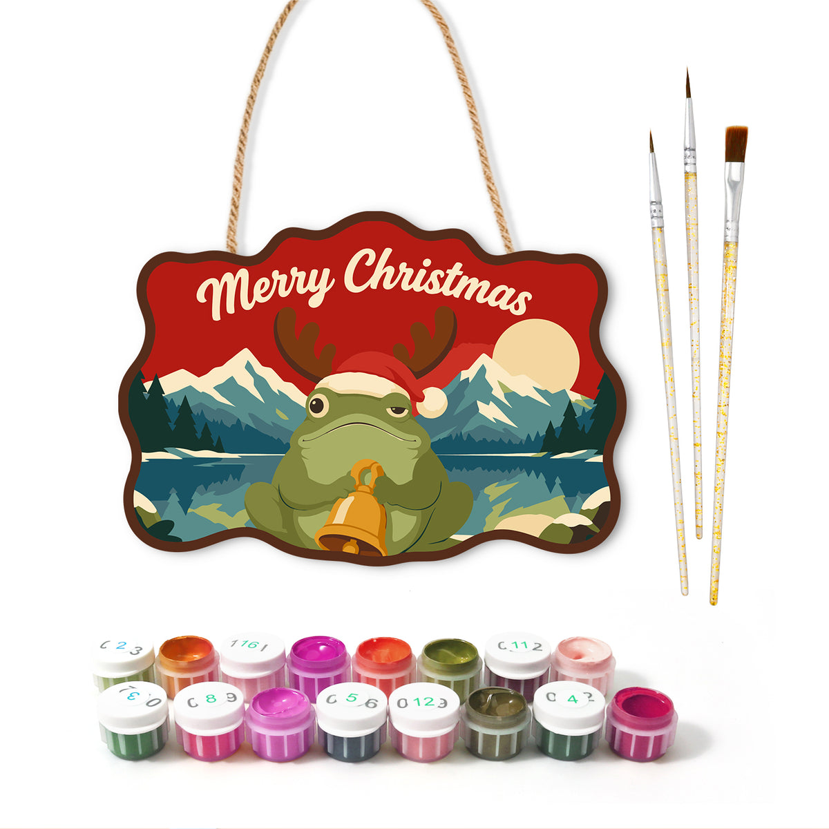 Bell frog mountain scene paint by numbers door hanger with paints and brushes