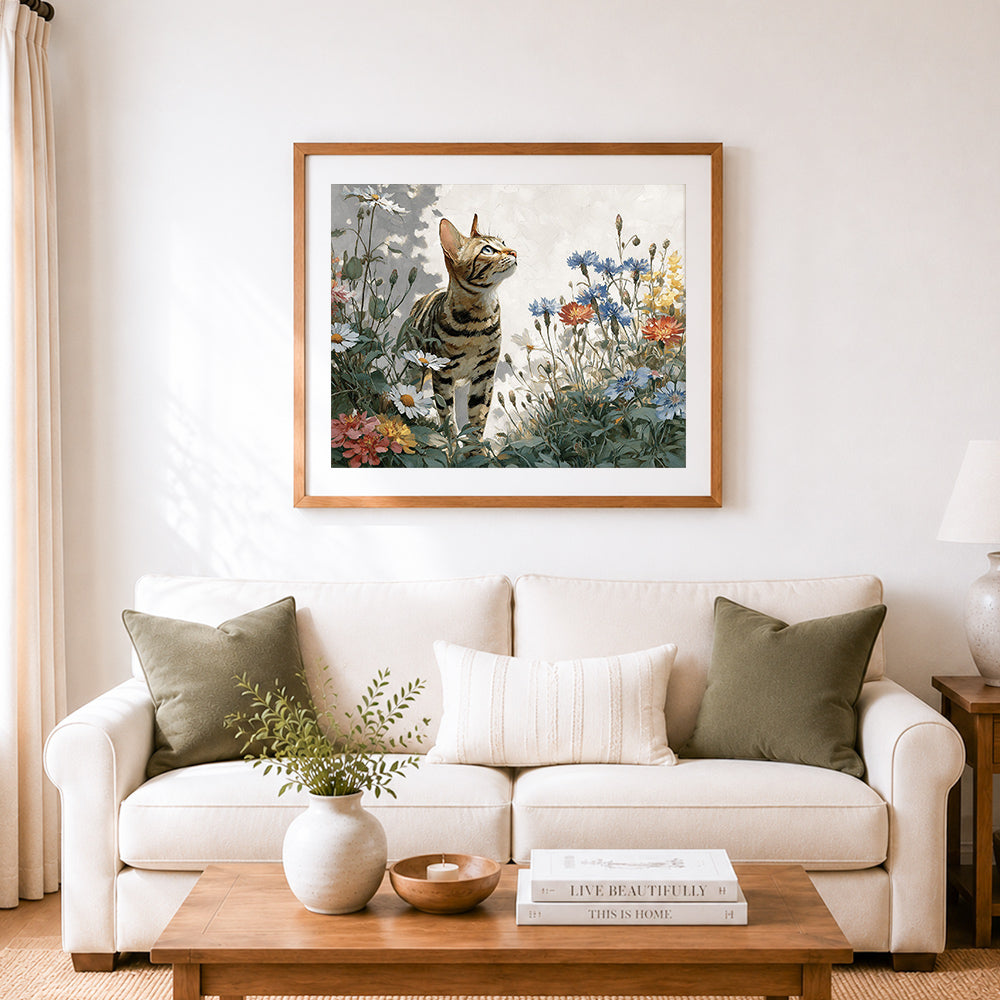 Finished bengal cat in wildflowers cross stitch artwork displayed as home decor