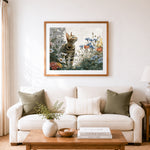 Finished bengal cat in wildflowers cross stitch artwork displayed as home decor