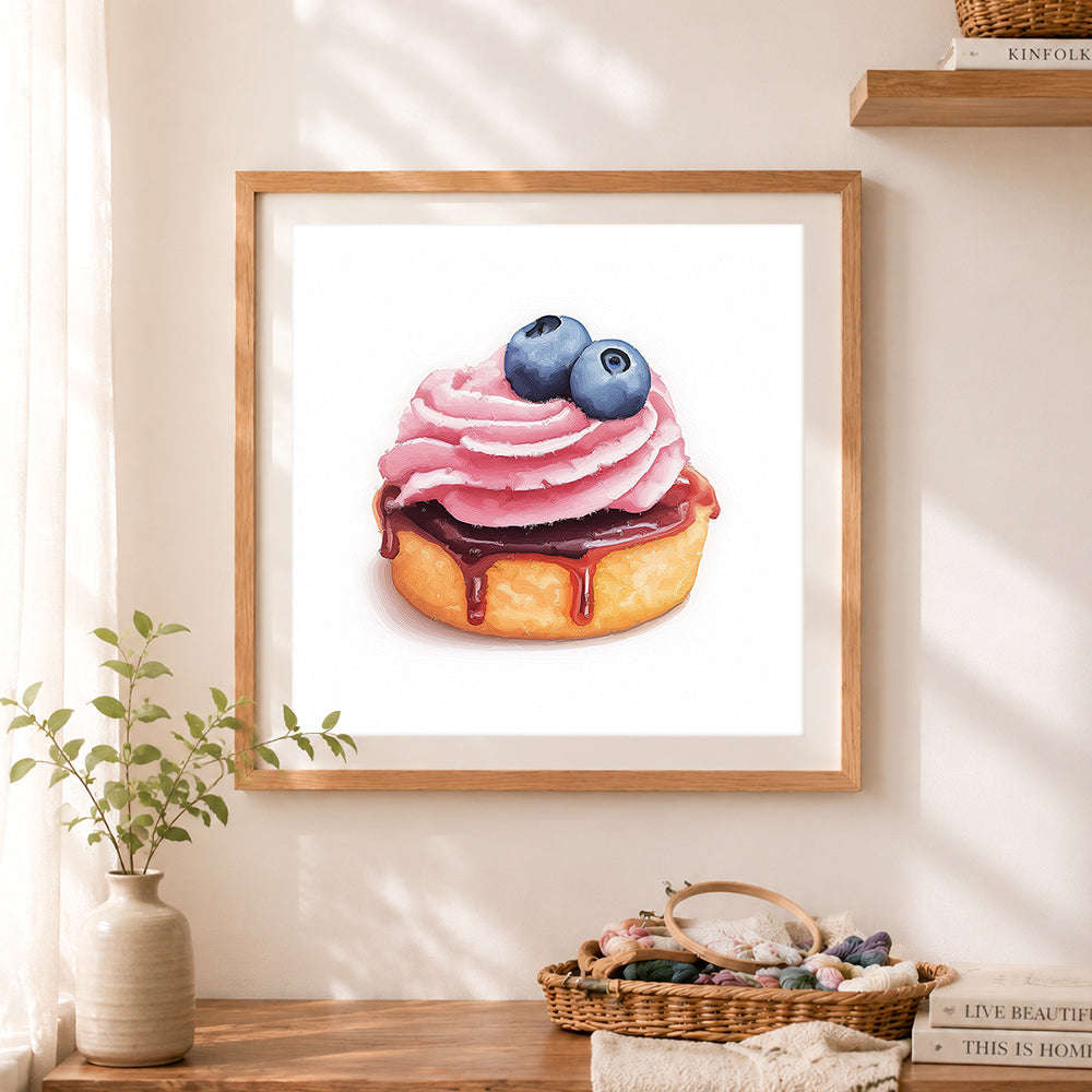 Finished berry cream tart cross stitch artwork displayed as home decor