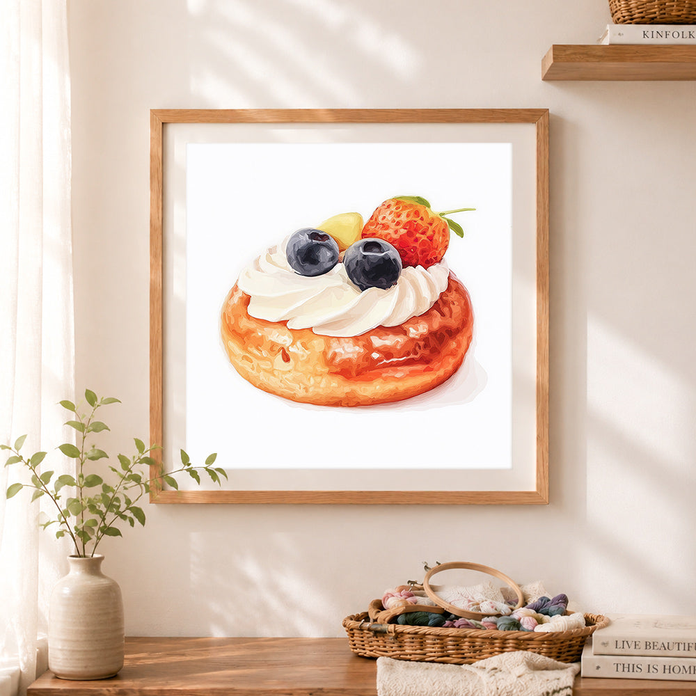 Finished berry fruit pastry cross stitch artwork displayed as home decor