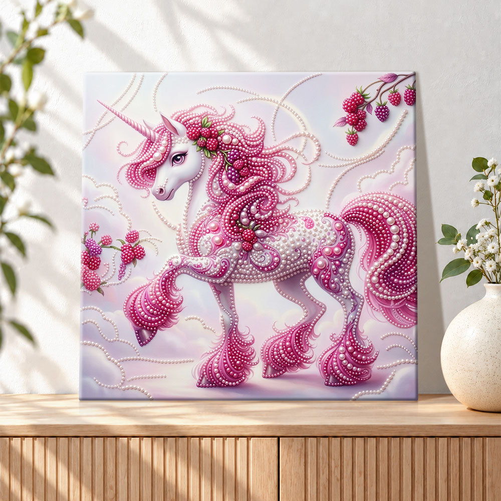 Finished berry pink unicorn pearl diamond painting artwork displayed as holiday home decor