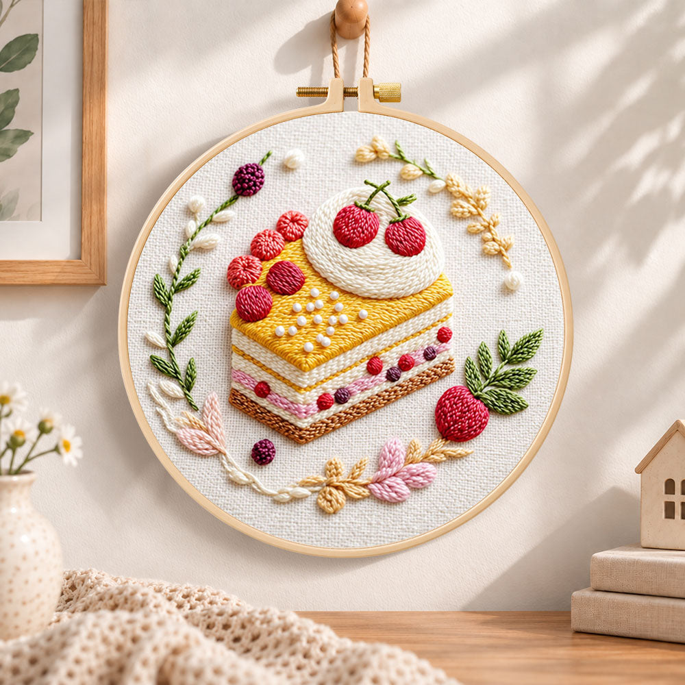Berry slice delight embroidery hoop wall art displayed as warm and cozy handmade home decor