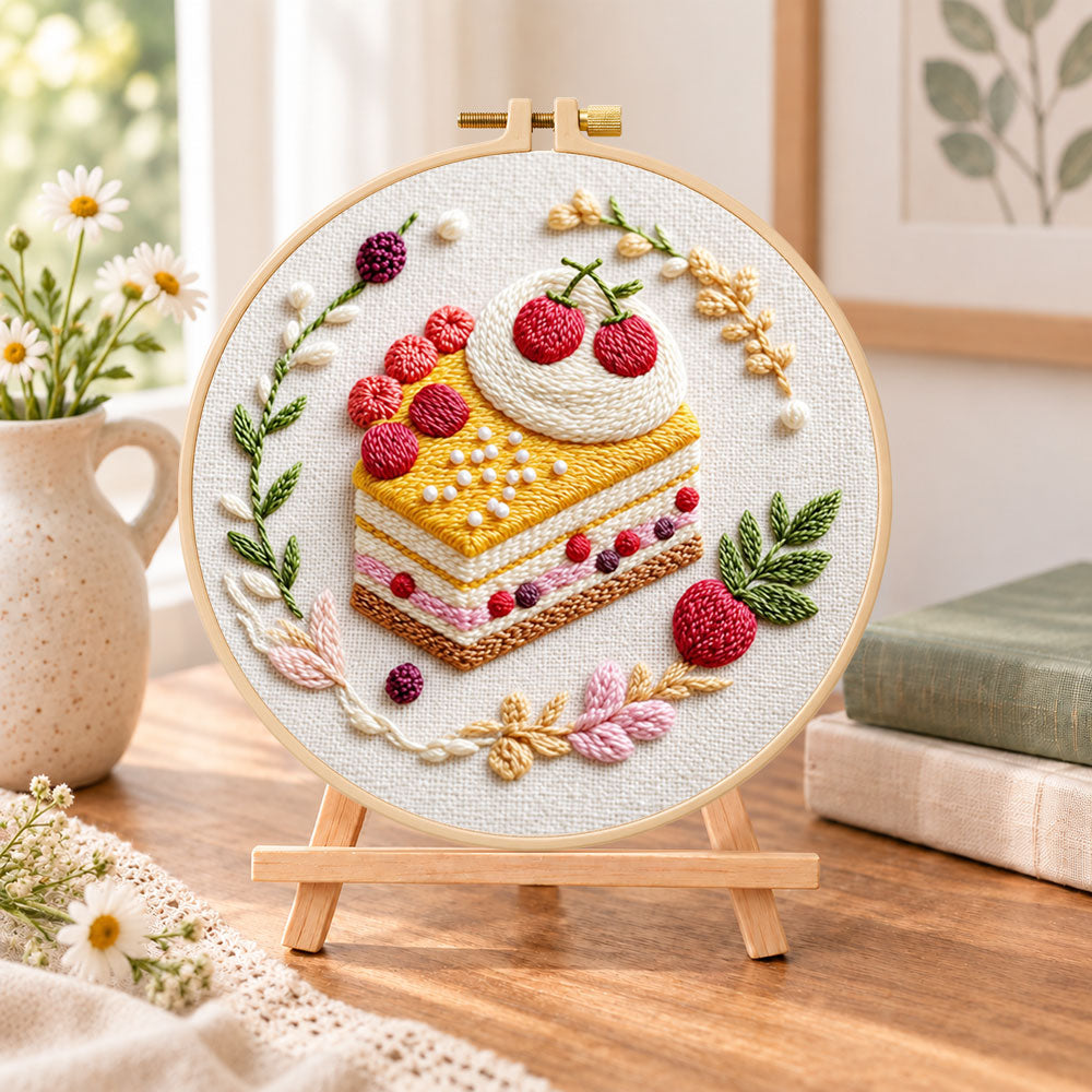 Berry slice delight embroidery kit finished hoop displayed on a wooden stand as cozy tabletop decor