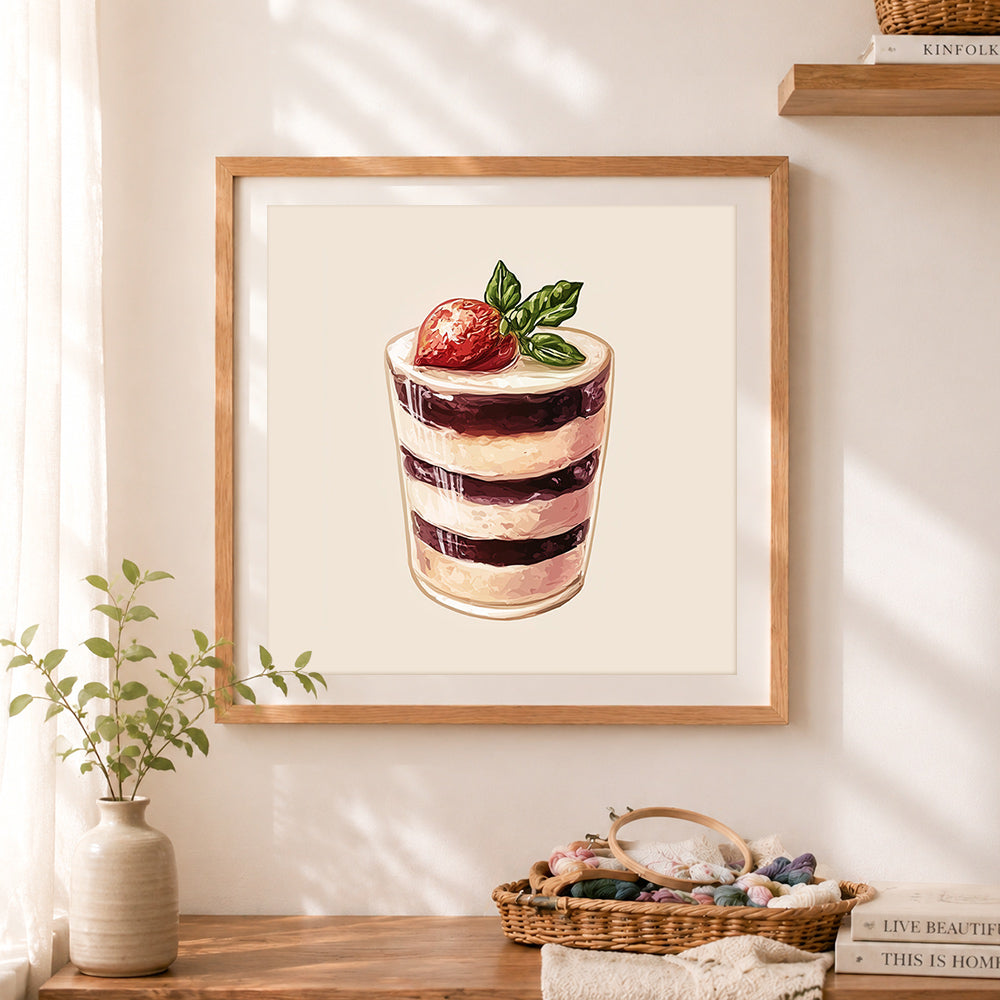 Finished berry trifle dessert cross stitch artwork displayed as home decor
