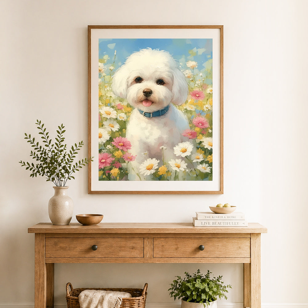 Finished bichon frise in wildflower field cross stitch artwork displayed as home decor