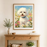 Finished bichon frise in wildflower field cross stitch artwork displayed as home decor