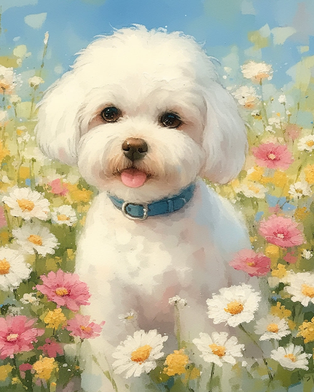 Bichon frise in wildflower field cross stitch kit for beginners