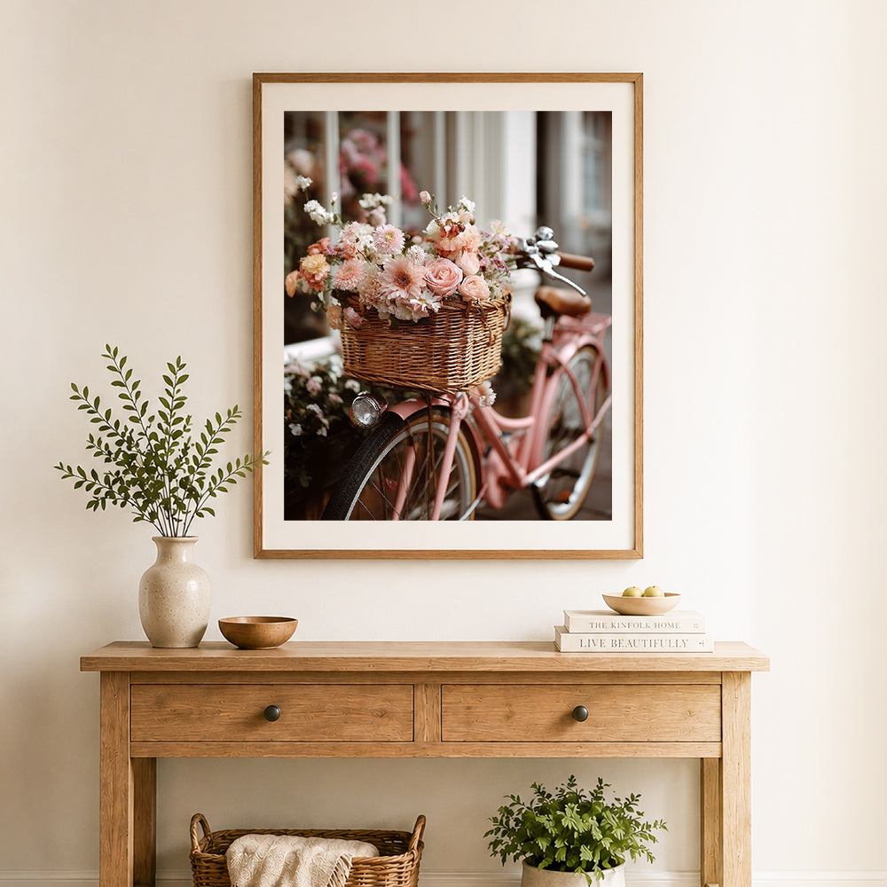 Finished bicycle flower basket cross stitch artwork displayed as home decor