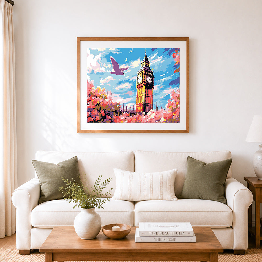 Finished big ben in spring bloom cross stitch artwork displayed as home decor