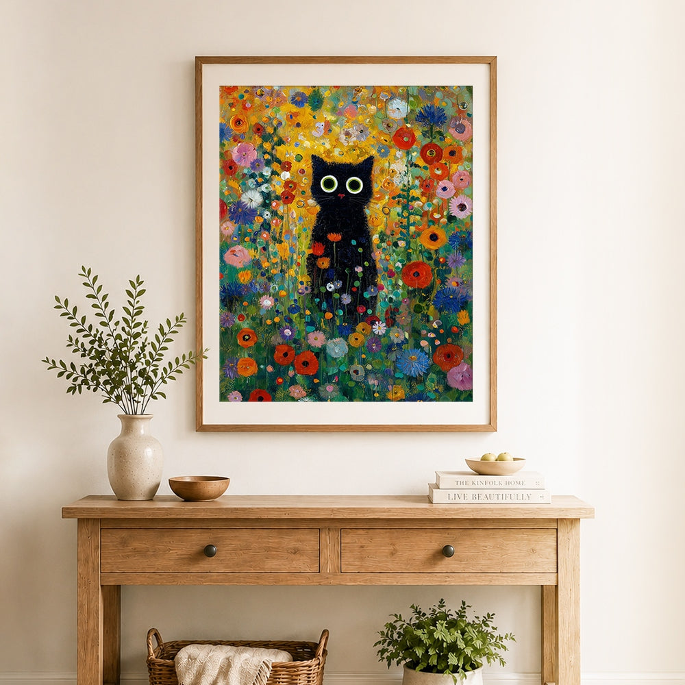Finished big-eyed black cat among flowers cross stitch artwork displayed as home decor