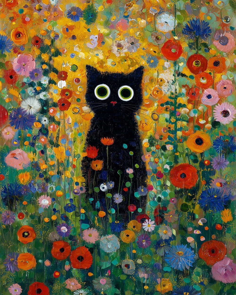 Big-eyed black cat among flowers cross stitch kit for beginners