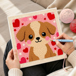 Creating handmade big-eyed puppy with red hearts punch needle artwork