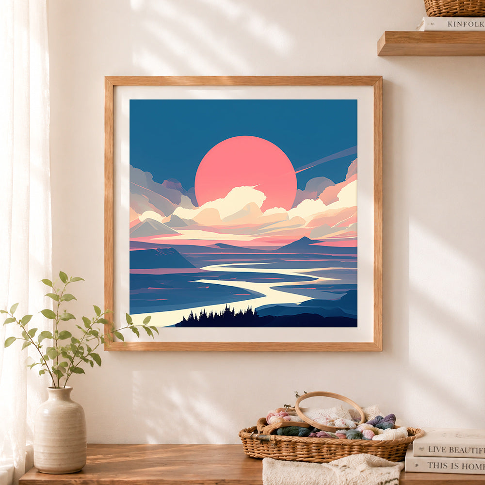 Finished big sun mountain view cross stitch artwork displayed as home decor