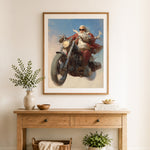 Finished biker santa claus cross stitch artwork displayed as home decor