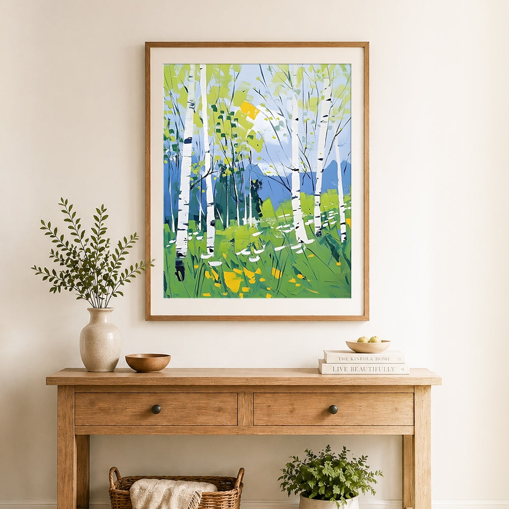 Finished birch forest in blue and green cross stitch artwork displayed as home decor