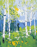 Birch forest in blue and green cross stitch kit for beginners