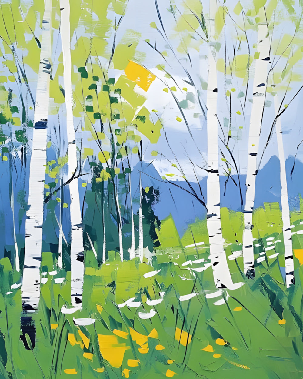 Birch forest in blue and green cross stitch kit for beginners