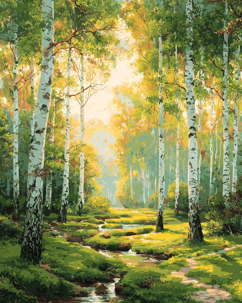 Birch trees along forest stream cross stitch kit for beginners