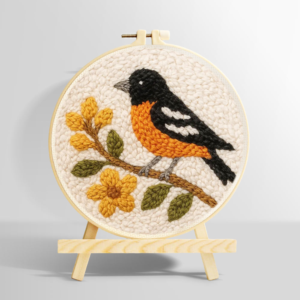 Bird on flowering branch punch needle kit for beginners
