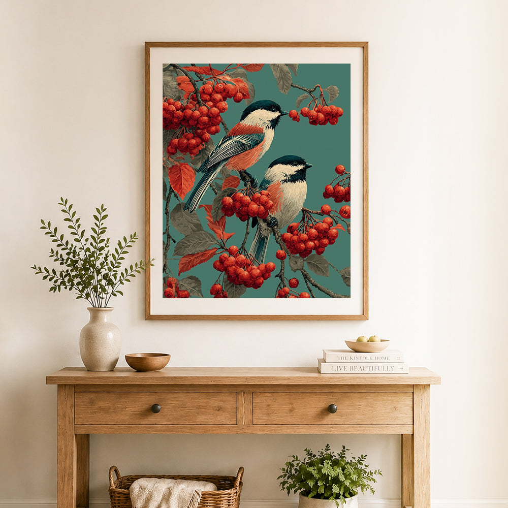 Finished birds on berry branch cross stitch artwork displayed as home decor