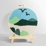 Birds over green mountain landscape punch needle kit for beginners