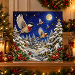Finished birds under full moon pearl diamond painting artwork displayed as holiday home decor
