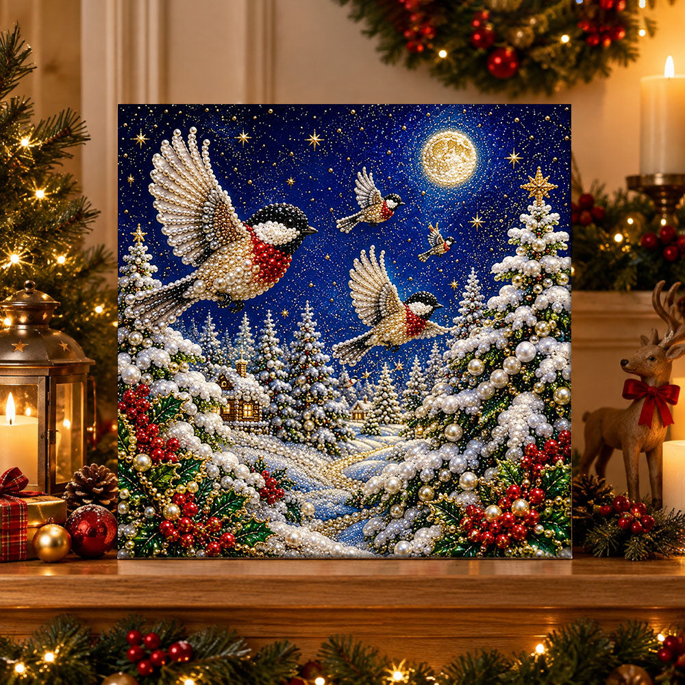 Finished birds under full moon pearl diamond painting artwork displayed as holiday home decor