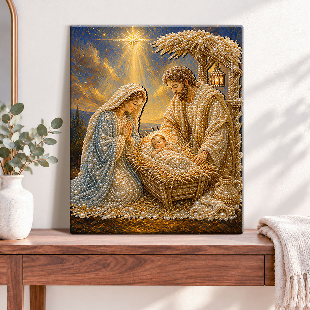 Finished birth of holy family pearl diamond painting artwork displayed as home decor