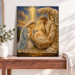 Finished birth of holy family pearl diamond painting artwork displayed as home decor