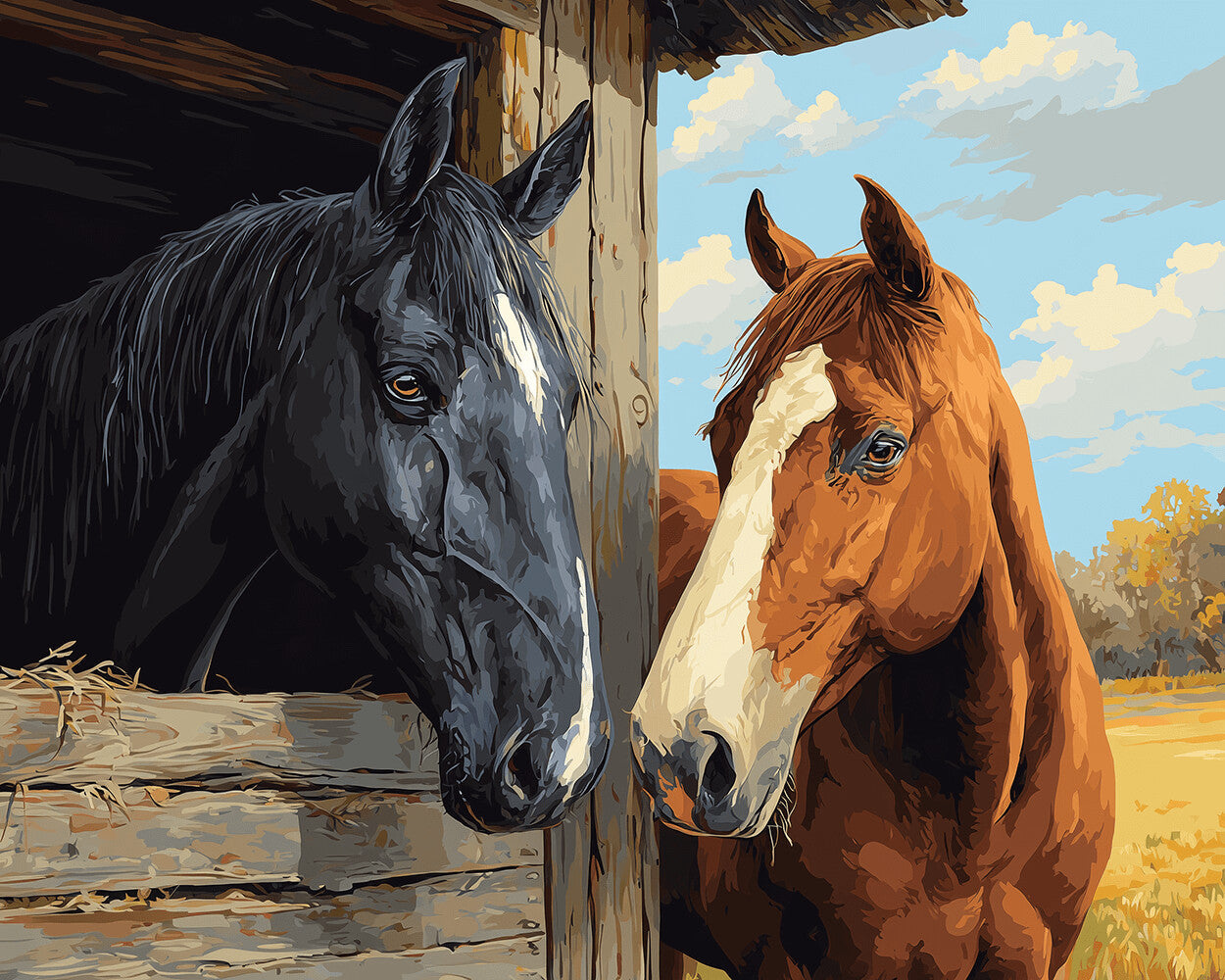 Black and brown horses over barn fence cross stitch kit for beginners