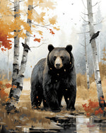 Black bear in autumn birch forest cross stitch kit for beginners