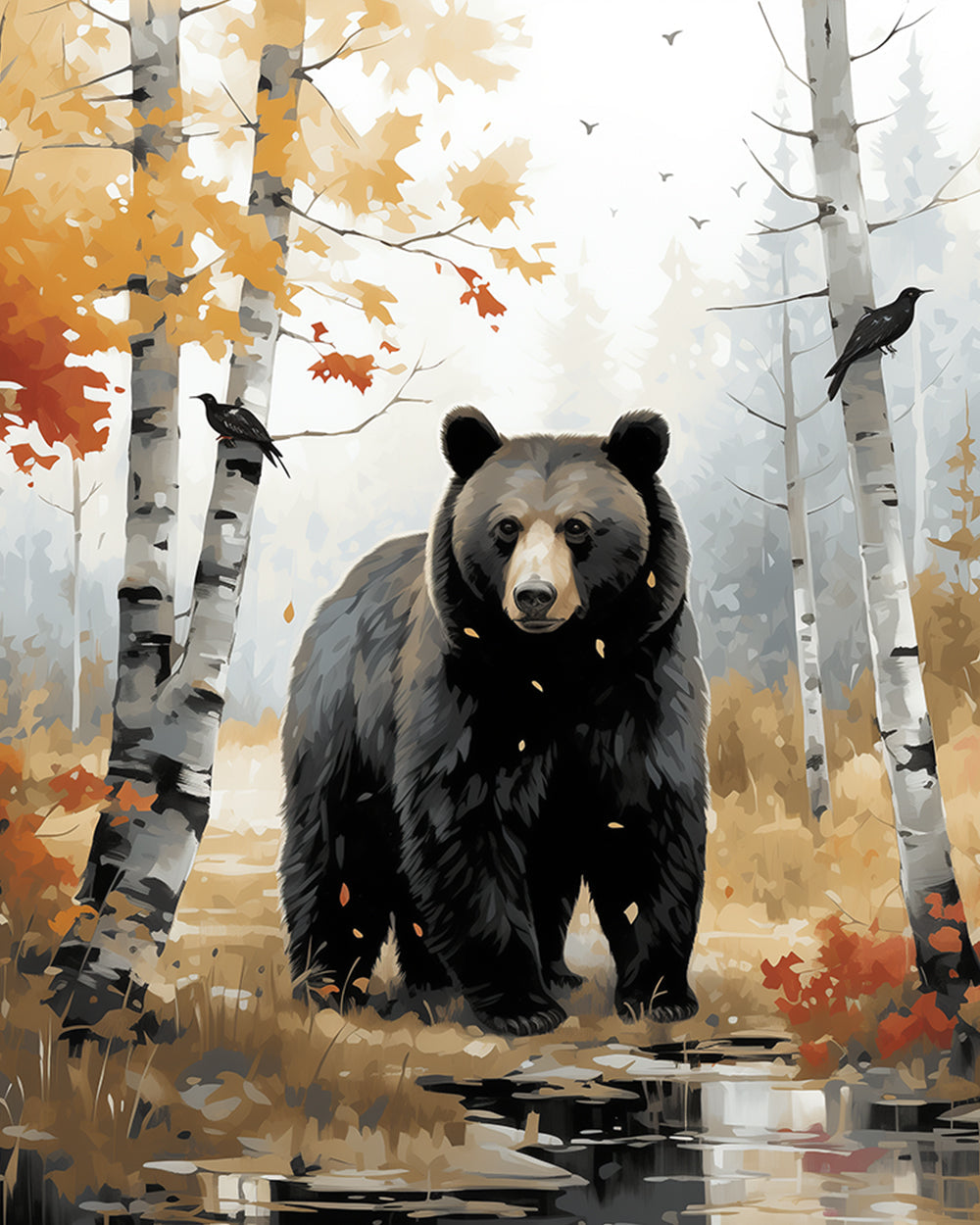 Black bear in autumn birch forest cross stitch kit for beginners