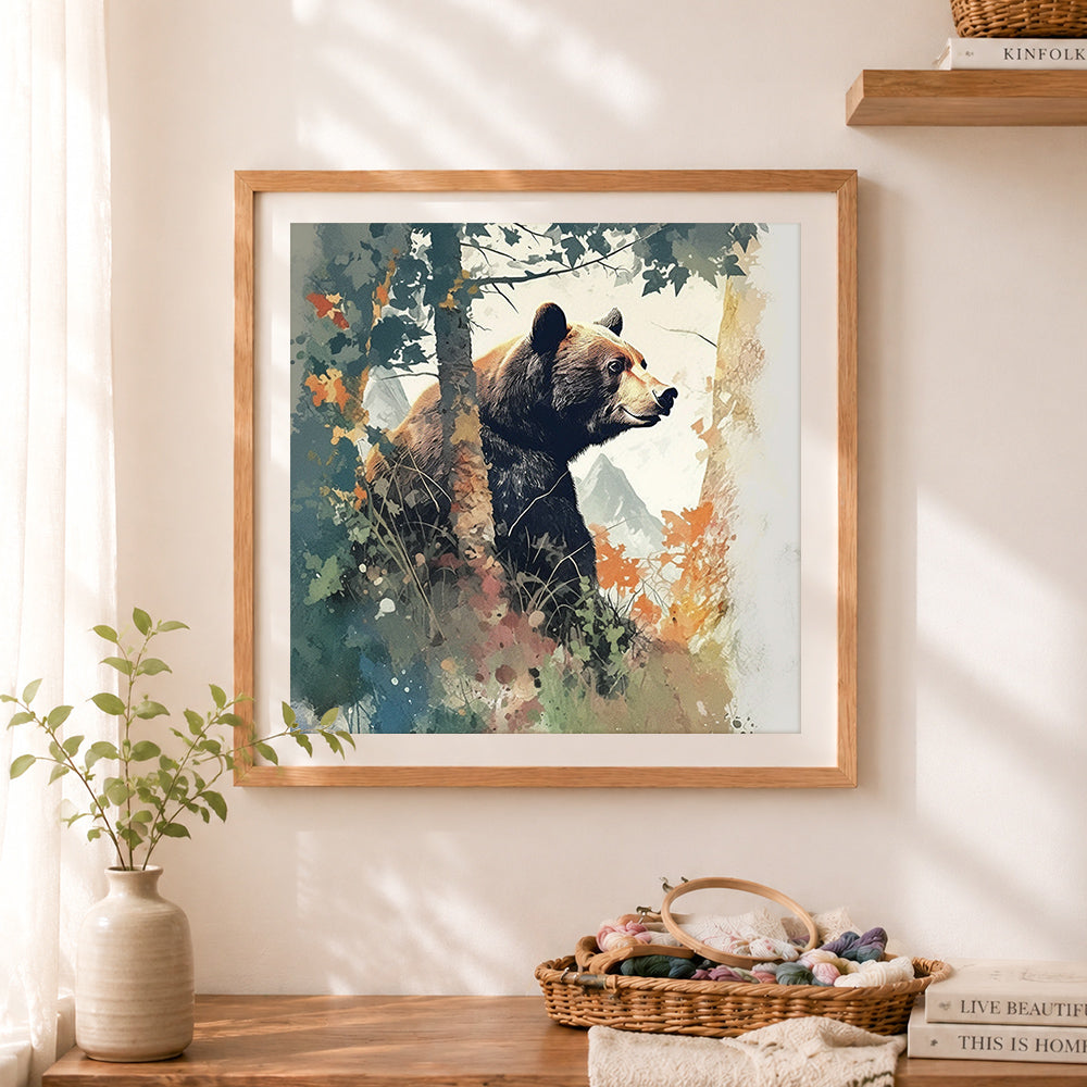 Finished black bear in autumn forest cross stitch artwork displayed as home decor