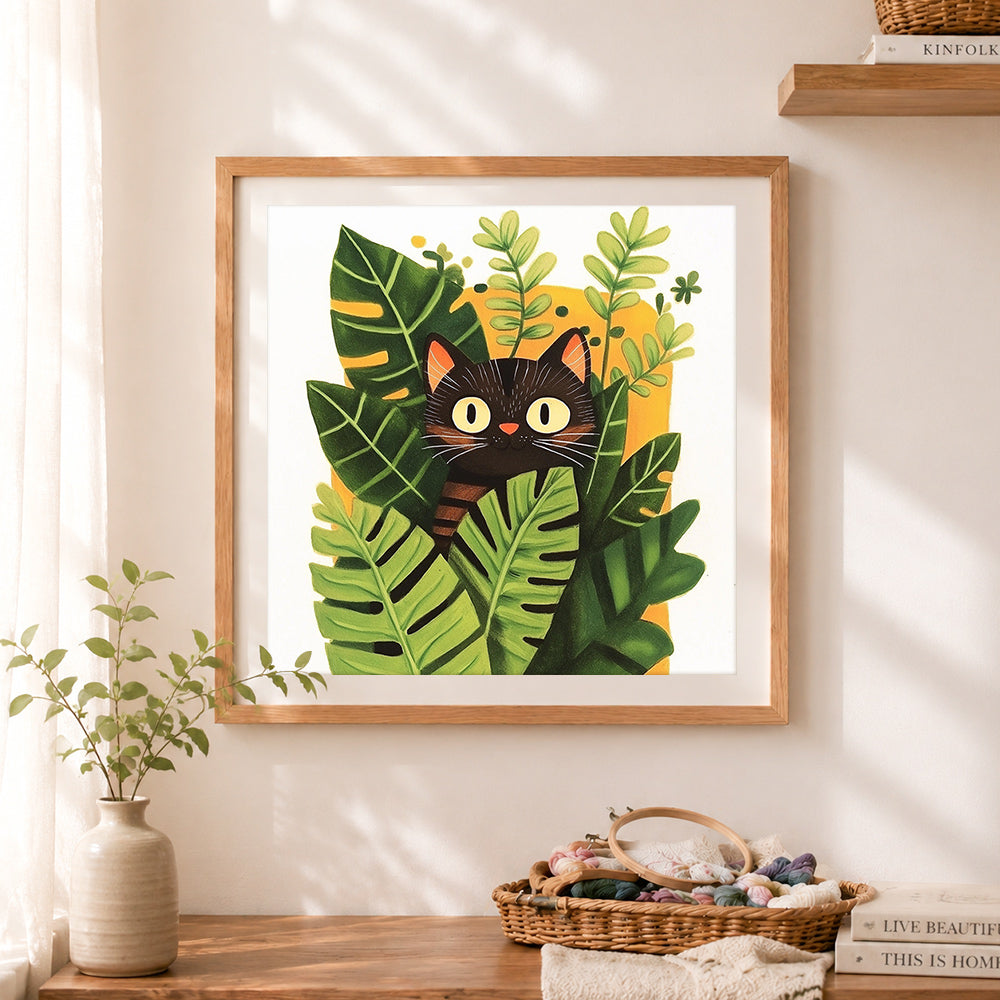 Finished black cat among green foliage cross stitch artwork displayed as home decor
