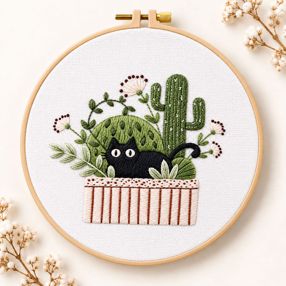 Black cat and cactus embroidery kit