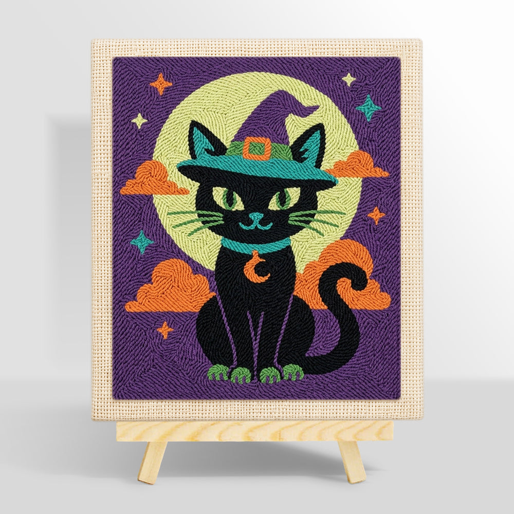 Black cat beneath moon punch needle kit for beginners
