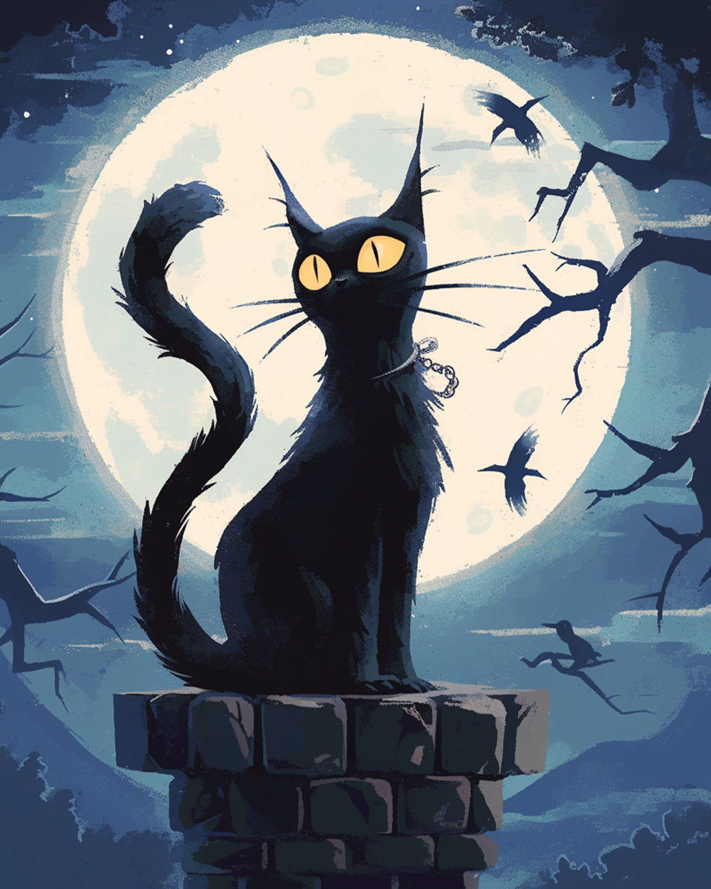 Black cat beneath the big moon cross stitch kit for beginners