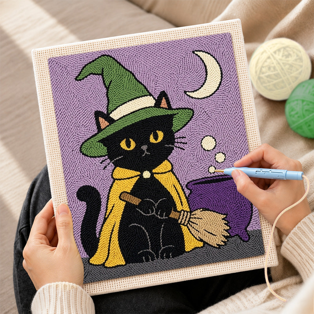 Creating handmade black cat by magic cauldron punch needle artwork