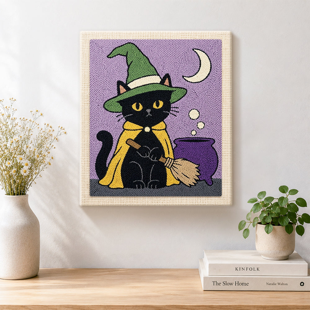 Finished black cat by magic cauldron artwork displayed on a wall